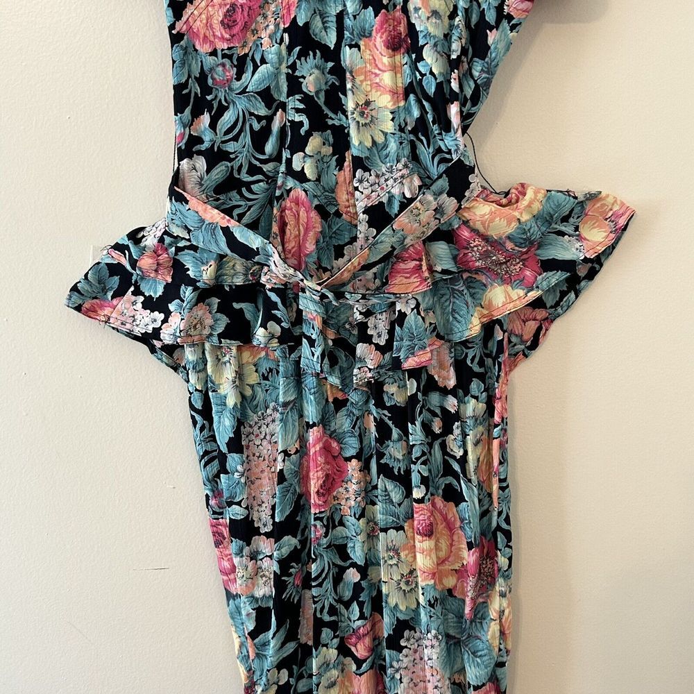 Vintage Karen Alexander Pintuck Ruffle Peplum Floral Viscose BeltedSlit Dress 10 - Picture 6 of 16